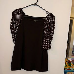 Ann Taylor Like New Black & Pink Polka Dot Poof Sleeve Top